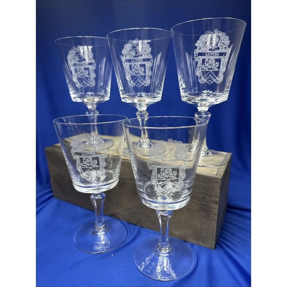 Luttig Set Of  5 Coat of Arms Lead Crystal Etched Family Crest Wine Glass Goblet